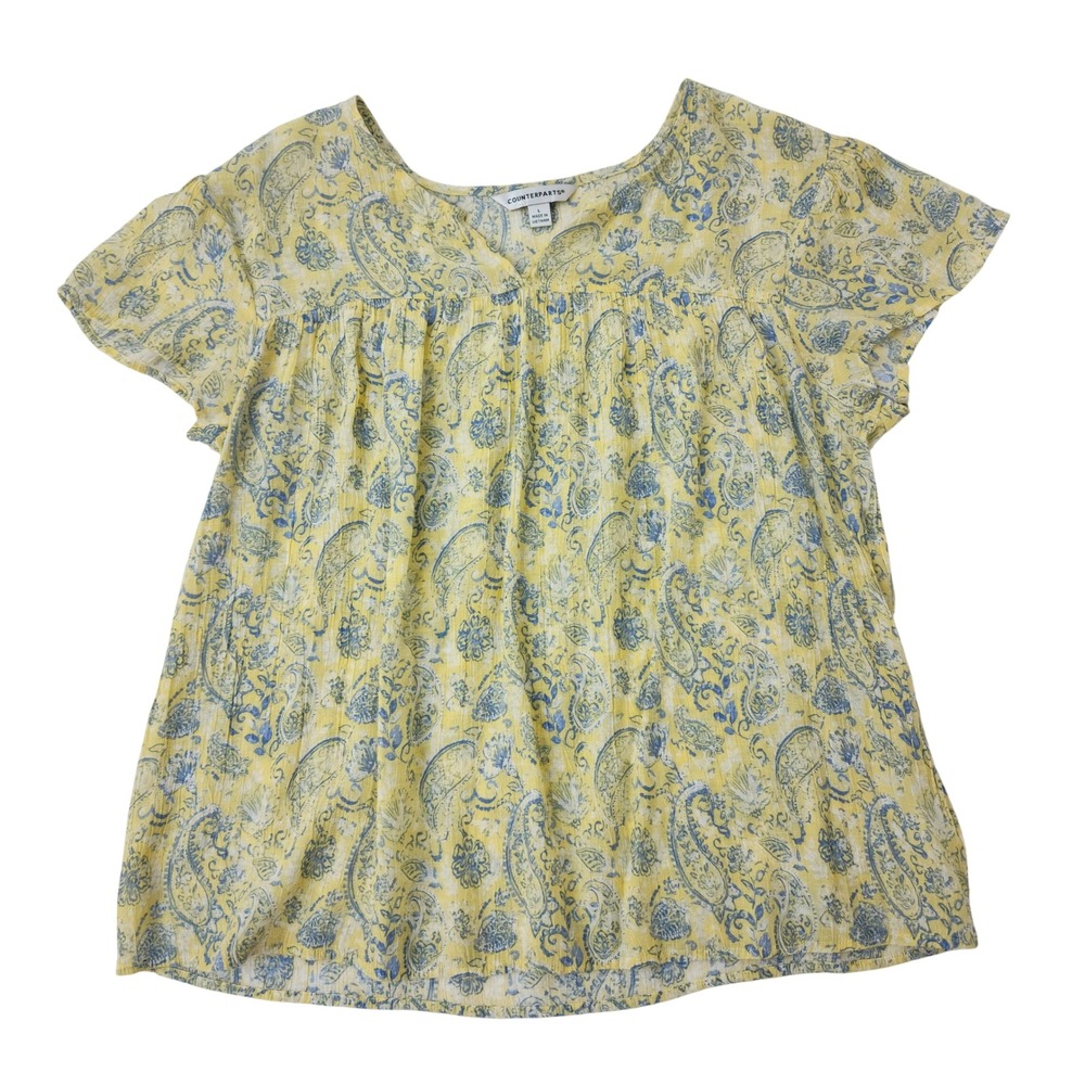 Counterparts Womens Yellow Blue Paisley Short Sleeve Split Neck Blouse Large